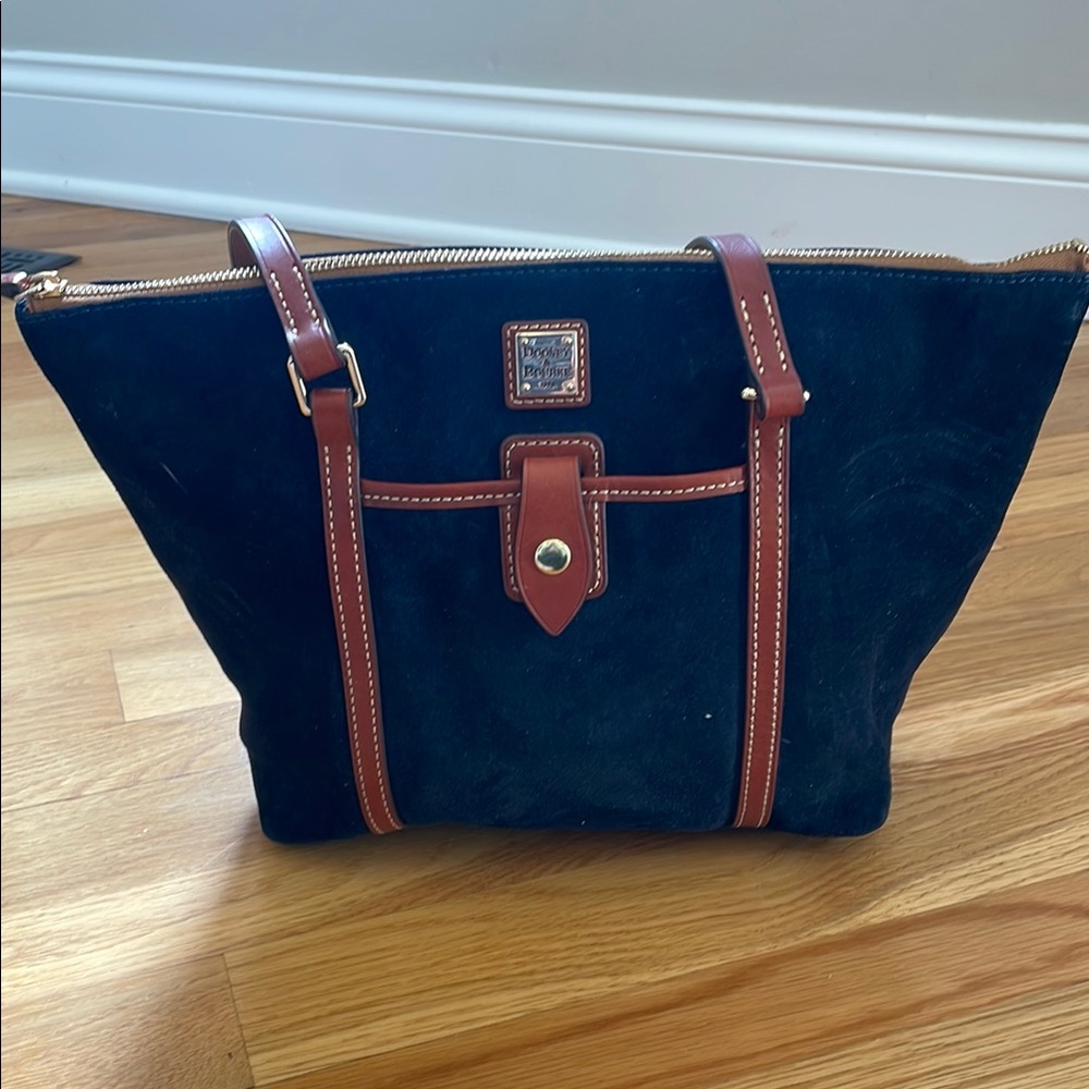 Dooney & Bourke black suede bag with brown leather straps